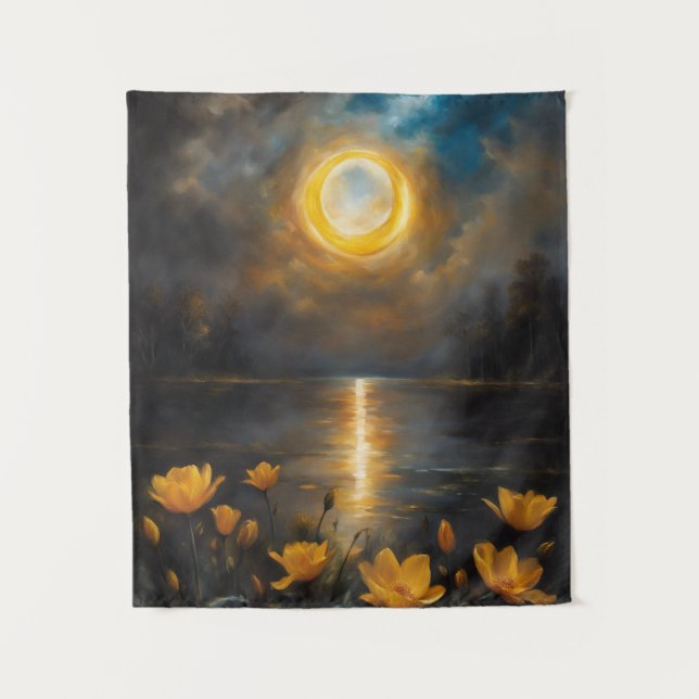 Tenture Eclipse solaire lac de peinture avec fleurs (Devant)
