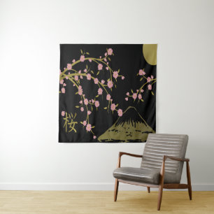 Tenture Écran Japonais Rose Sakura Or Noir