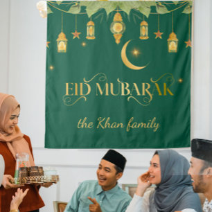 Tenture Eid Moubarak Lanternes personnalisées or vert + Lu