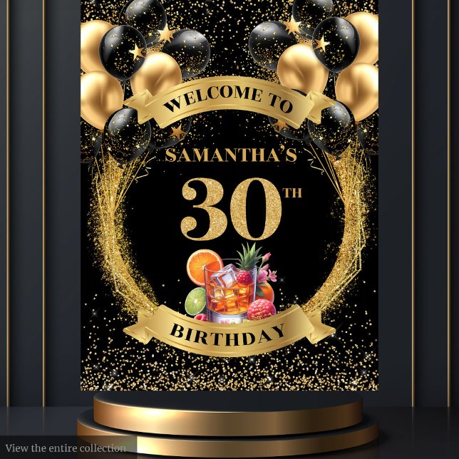 Tenture Elégant 30e anniversaire Black Gold Party Contexte (Elegant 30th Birthday Black Gold Party Backdrop)