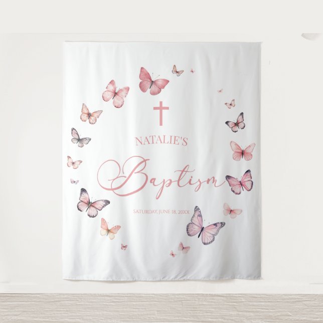 Tenture Élégant Baptême Papillon rose doux (Devant)