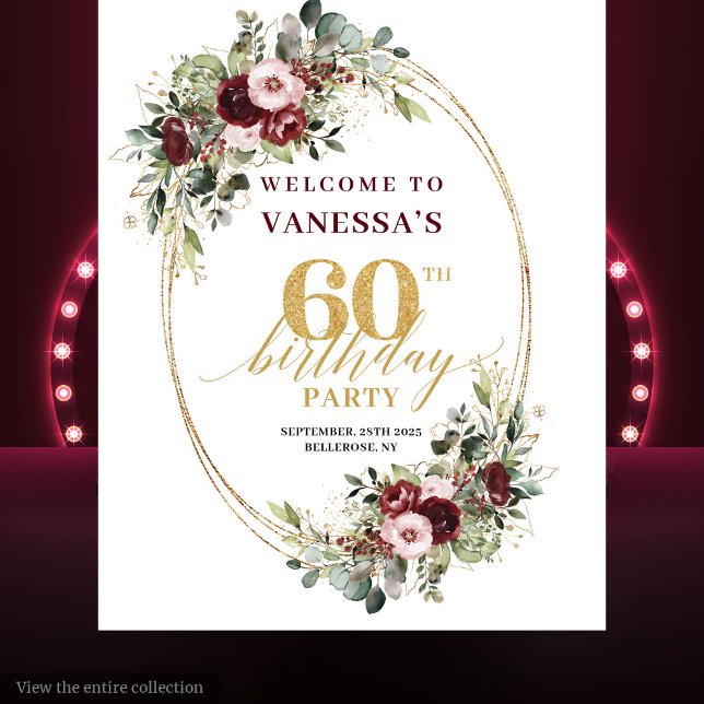 Tenture Elegant Boho Burgundy Gold Floral 60th Birthday  (blush and burgundy flowers roses, boho watercolor deep red romantic, burgundy blush 60th birthday )