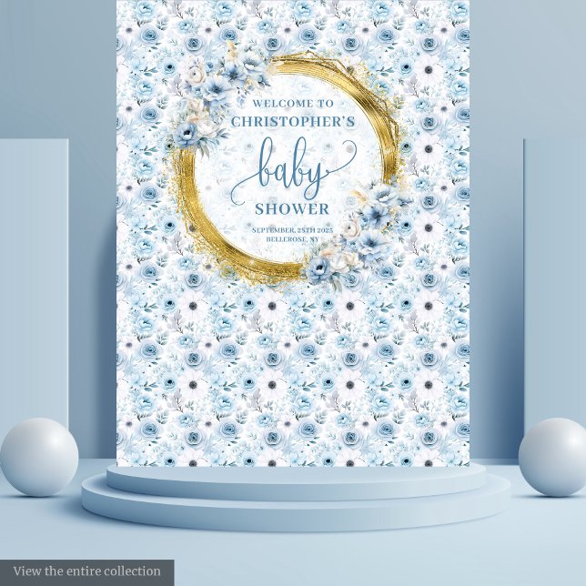 Tenture Elégant boho pastel bleu fleurs baby shower or (Elegant boho pastel blue flowers gold baby shower Tapestry)