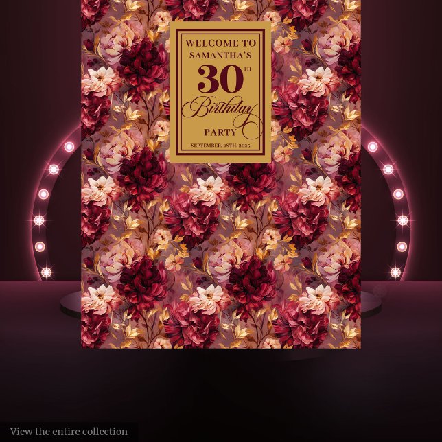 Tenture Elégant Burgundy Blush Gold 30th Birthday fond (Elegant Burgundy Blush Gold 30th Birthday Backdrop)