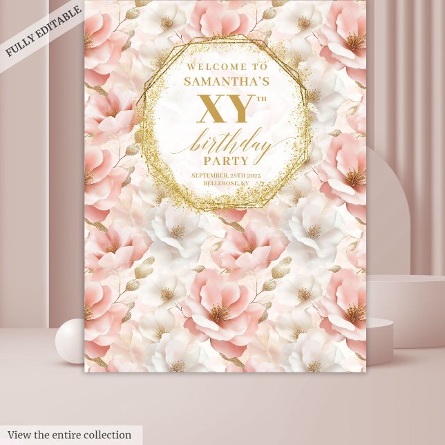 Tenture Elégant Floral Dusty rose Anniversaire (Elegant Floral Dusty Pink Birthday Party Backdrop

)