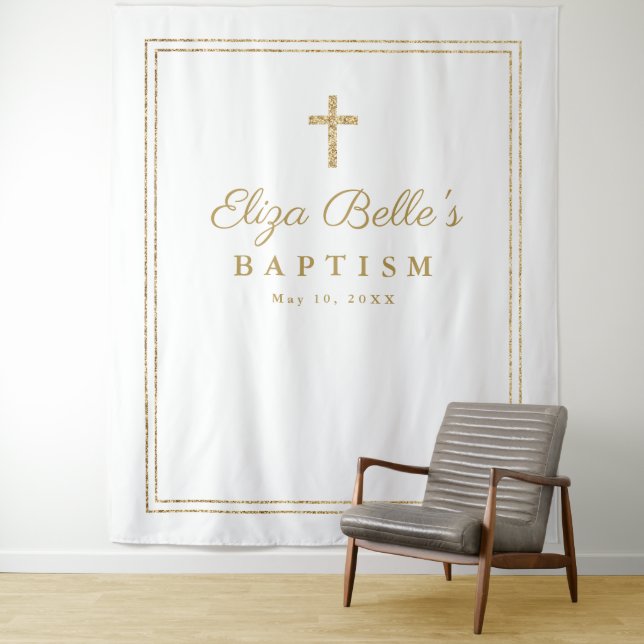 Tenture Elegant Gold Cross Baptism Photo Booth fond (En situation)