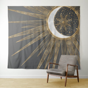 Tenture Elegant Gold Doodles Sun Moon Mandala Design