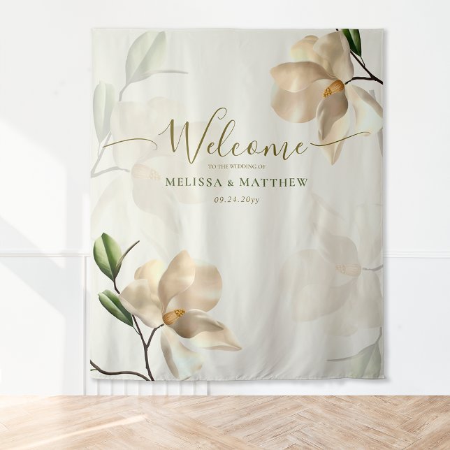 Tenture Elégant Magnolia Blanc Oriental Bienvenue (Elegant Oriental White Magnolia Welcome Tapestry)