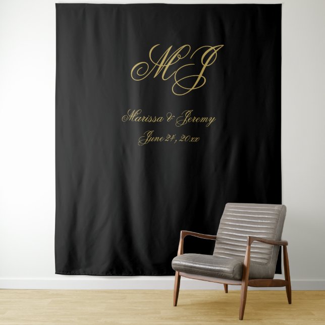 Tenture Élégant Mariage de script de monogramme en or noir (En situation)