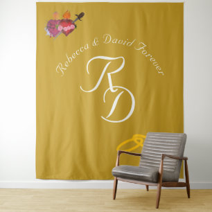 Tenture Élégant Monogramme de Mariage Catholique Deux Cœur