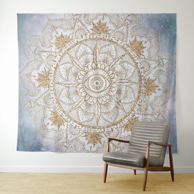 Tenture Elégant or Oeil Soleil Lune Mandala Design (En situation (horizontale))