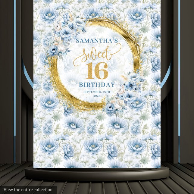 Tenture Élégant Pastel Bleu Sweet Seize Pailleté Or (Elegant Pastel Blue Sweet Sixteen Gold Glitter Tapestry)