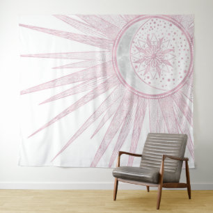 Tenture Elégant rose Sun Moon Doodle Mandala White Design