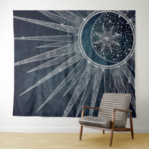 Tenture Elégant Silver Sun Moon Doodle Mandala Blue Design