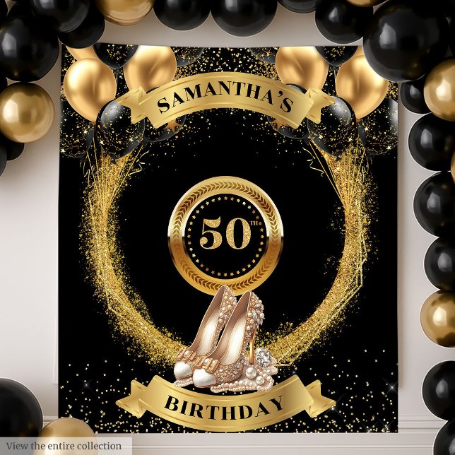 Tenture Elégante 50e anniversaire fond de Parties scintill (Elegant 50th Birthday Backdrop Glitter Gold Heels)