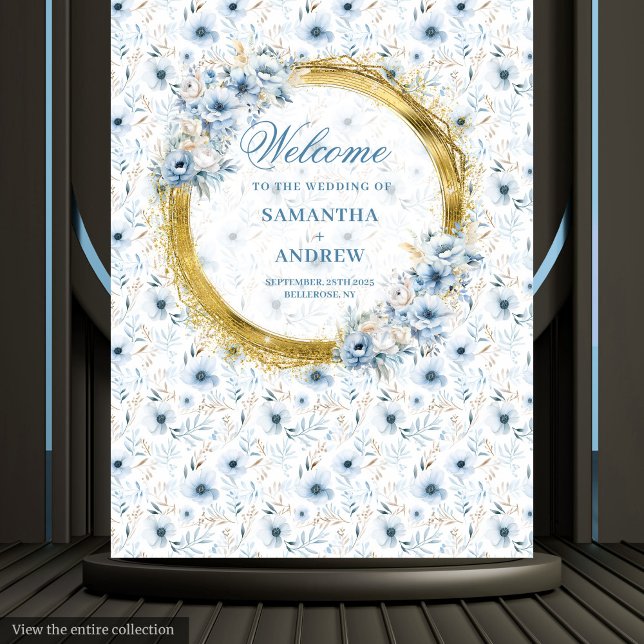 Tenture Elégante aquarelle Dusty Bleu Mariage or (Elegant Watercolor Dusty Blue Gold Wedding Banner Tapestry)