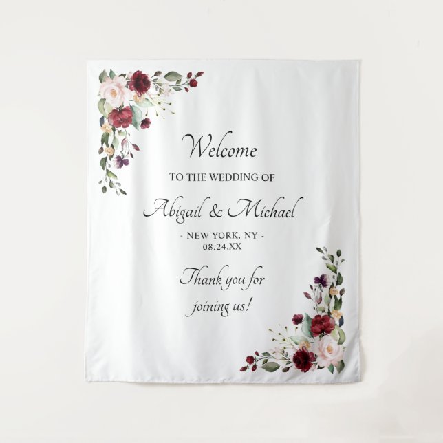 Tenture Élégante Bourgogne Floral Mariage Affiche de bienv (Devant)