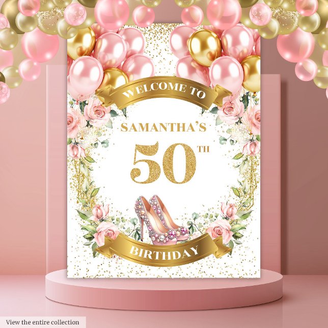 Tenture Elégante fête des fleurs blanches du 50e anniversa (Elegant 50th Birthday Blush Flowers Party Backdrop)