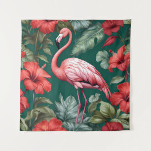 Tenture Elégante Flamant rose Hibiscus Fleurs Emerald Gree