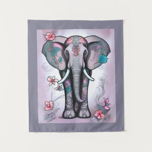Tenture Éléphant indien gris orné de fleurs
