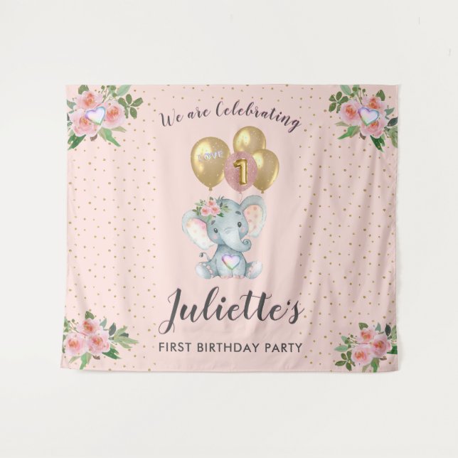 Tenture Eléphant rose de charme premier anniversaire fille (Devant (Horizontal))