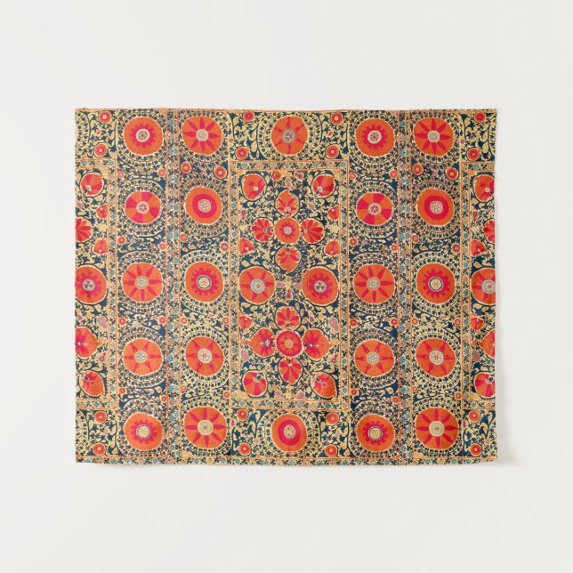 TENTURE EMBROIDÈRE FLORALE OUZBEK ROUGE ORANGE ANTIQUE (Devant (Horizontal))