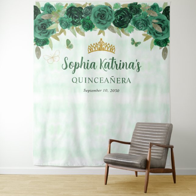 Tenture Emerald Green Floral Princess Quinceañera (En situation)