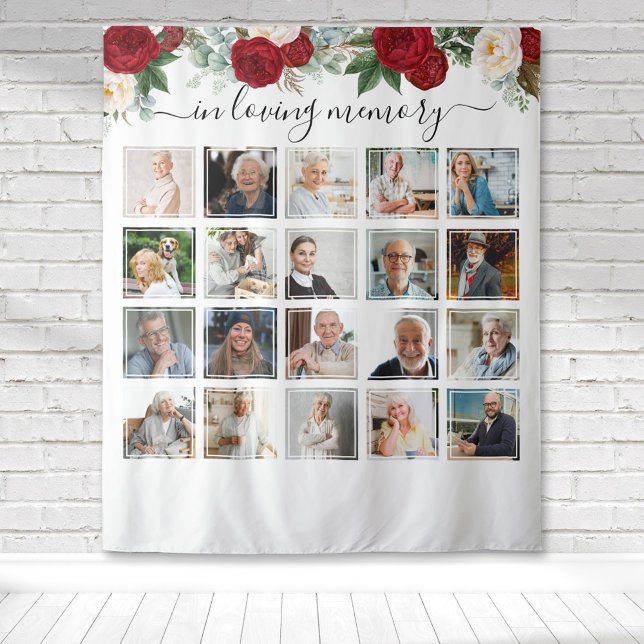 Tenture En souvenir affectueux 20 Photo Fleurs rouges mémo (Red and white rose watercolor floral botanical memorial collage tapestry to honor your loved one.)