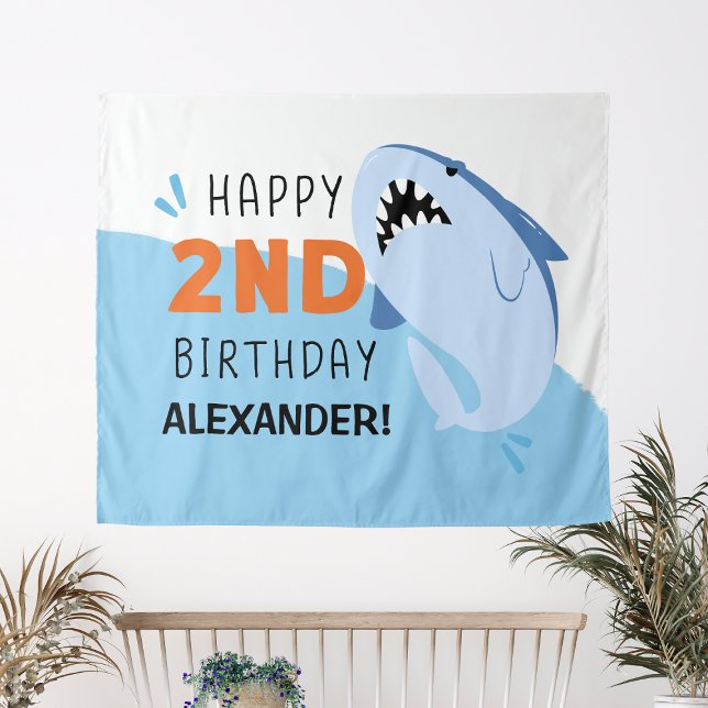 Tenture Enfants 2e fête d'anniversaire de requin Fond pers (Kids 2nd Shark Birthday Party Custom Backdrop Boy
)