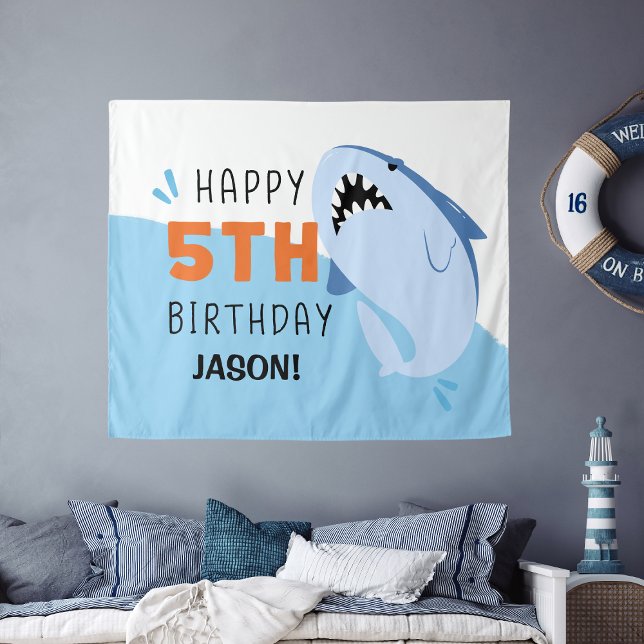 Tenture Enfants de requins 5e anniversaire Contexte person (Shark Kids 5th Birthday Backdrop Custom
)