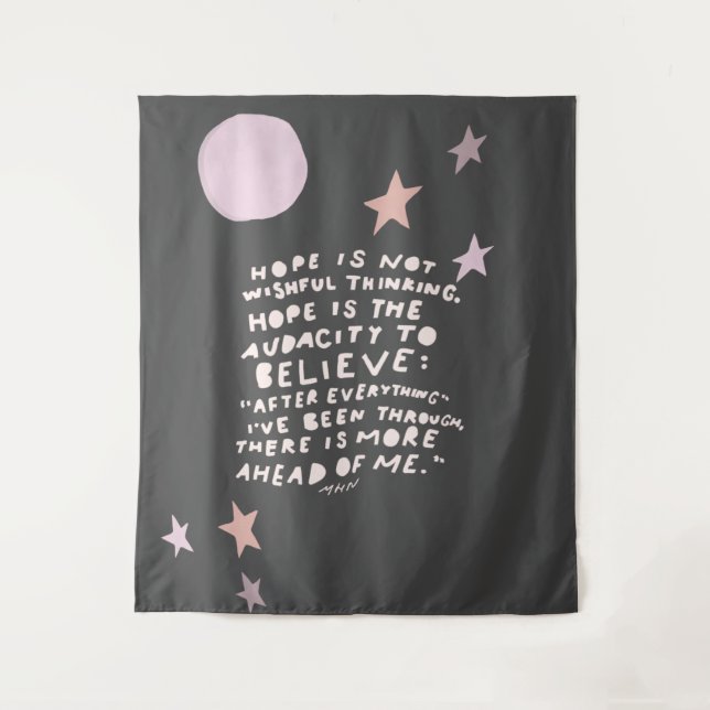 Tenture Espérance citation - lune violette et rose et étoi (Devant)