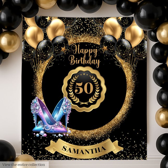 Tenture Étincelle 50e anniversaire fond rose hauts talons (Sparkle 50th Birthday Backdrop Pink High Heels)