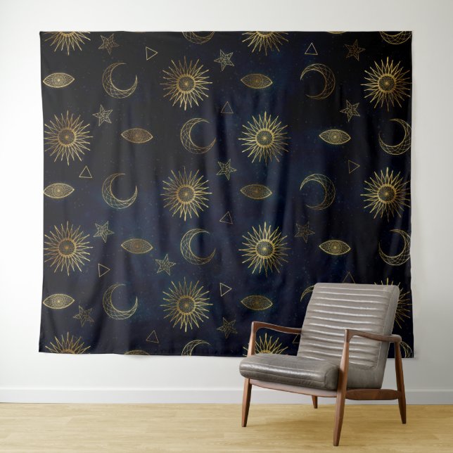 Tenture Étoiles célestes Blue Gold Sun Moon (En situation (horizontale))