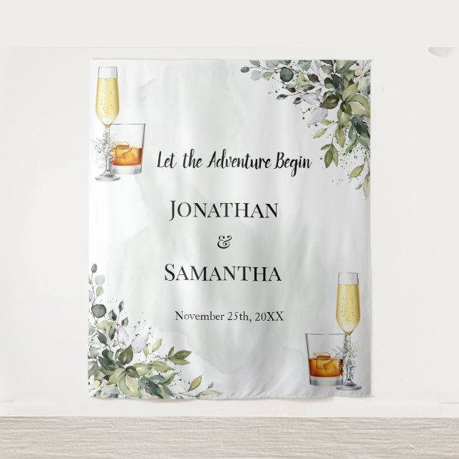 Tenture Eucalyptus Bubbles & Bourbon Wedding shower Tapest (Devant)