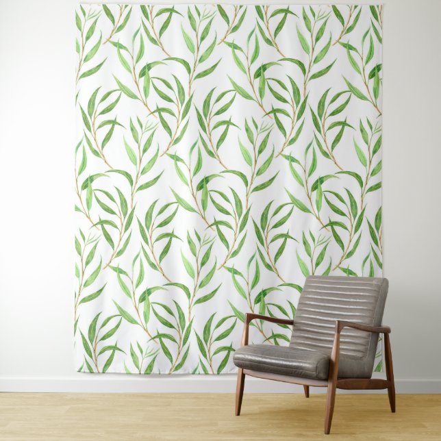 Tenture Eucalyptus motif aquarelle sur blanc (En situation)