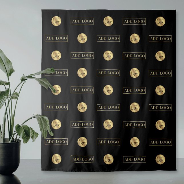Tenture Événement à logos répétés noir et or deux logos (Modern black background two faux gold logos step and repeat backdrop banner)