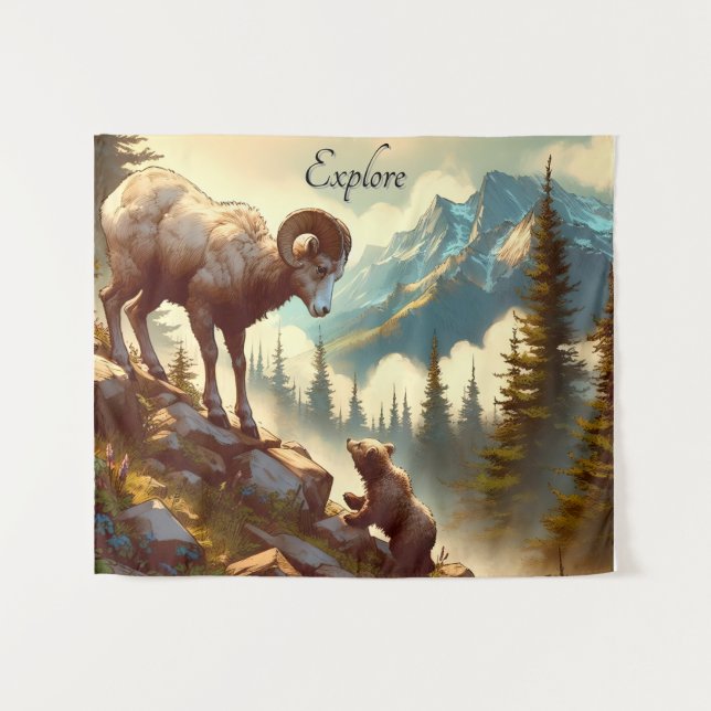 Tenture Explorez Bighorn Sheep Grizzly Cub Mountain (Devant (Horizontal))