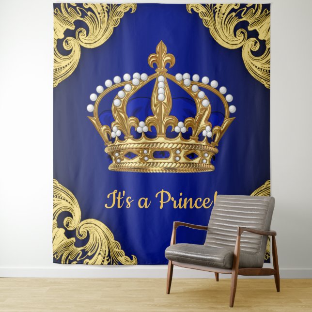 Tenture Extra Grand Royal Blue Gold Prince Couronne (En situation)
