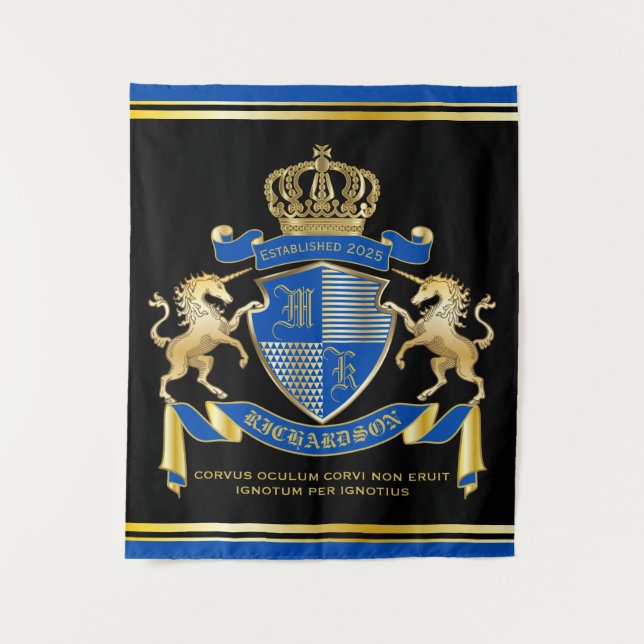 Tenture Faites votre propre blason Unicorn Emblem Bleu (Devant)