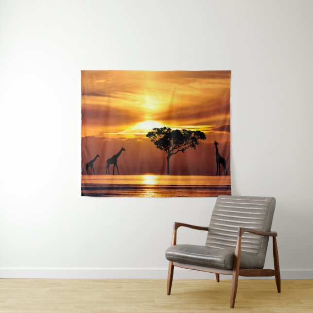 Tenture Famille de Giraffes à Sunset Wall Art Tapestry (En situation (horizontale))