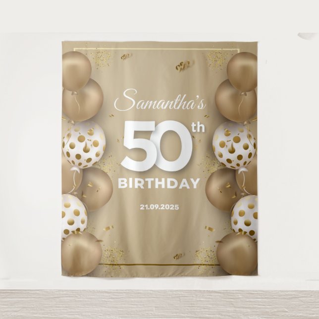 Tenture Faux or et ballons blancs 50e anniversaire (Devant)