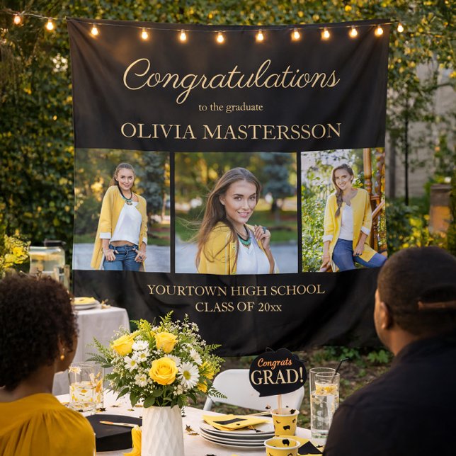 Tenture Félicitations de remise de diplômes noir moderne 3 (Black 3-photo graduation party tapestry)