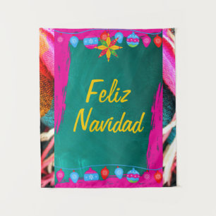 Tenture Feliz Navidad Fiesta sur rose et vert