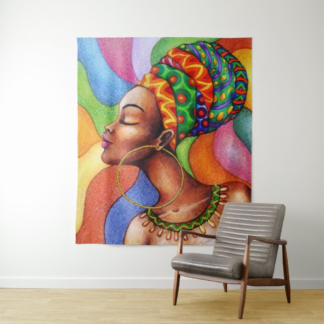 Tenture Femme africaine avec cire tissu traditionnel (En situation)