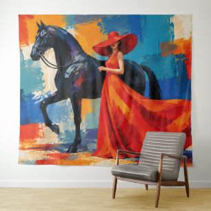 Tenture Femme Élégante en Rouge avec Cheval Noir