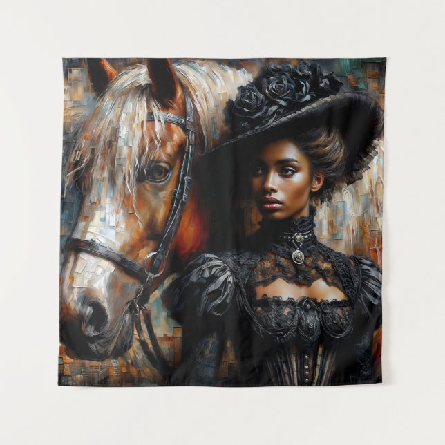 Tenture Femme noire victorienne avec cheval (Devant)