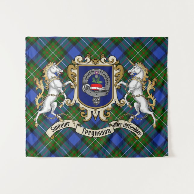 Tenture Fergusson Clan Badge & Unicorns avec Tartan (Devant (Horizontal))
