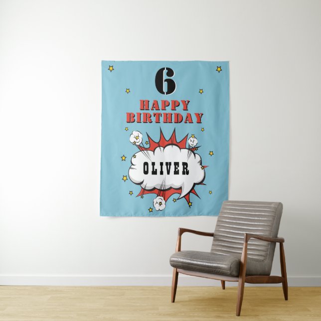 Tenture Fête d'anniversaire garçon bulle de parole de band (En situation)