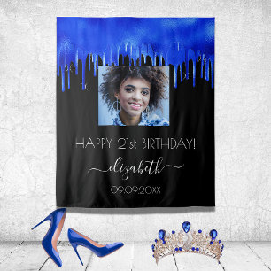 Tenture Fête d'anniversaire gouttes royales bleu noir nom 