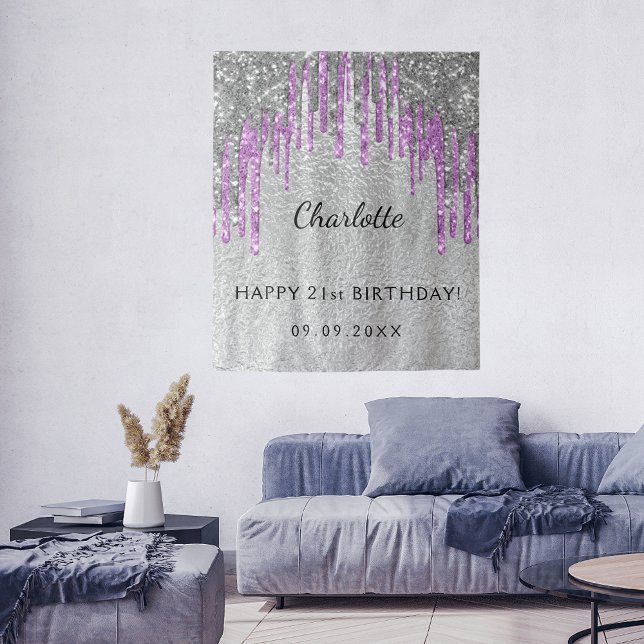 Tenture Fête d'anniversaire paillettes argent violet monog (Créateur téléchargé)